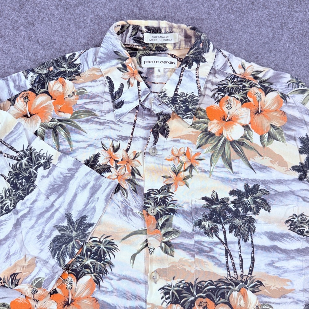 Pierre Cardin Mens Medium Tropical Hibiscus Palm Tree Rayon Hawaiian Shirt M